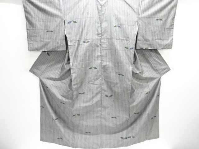 JAPANESE KIMONO / SILK / HAND WOVEN TSUMUGI / STRIPE & LEAVES